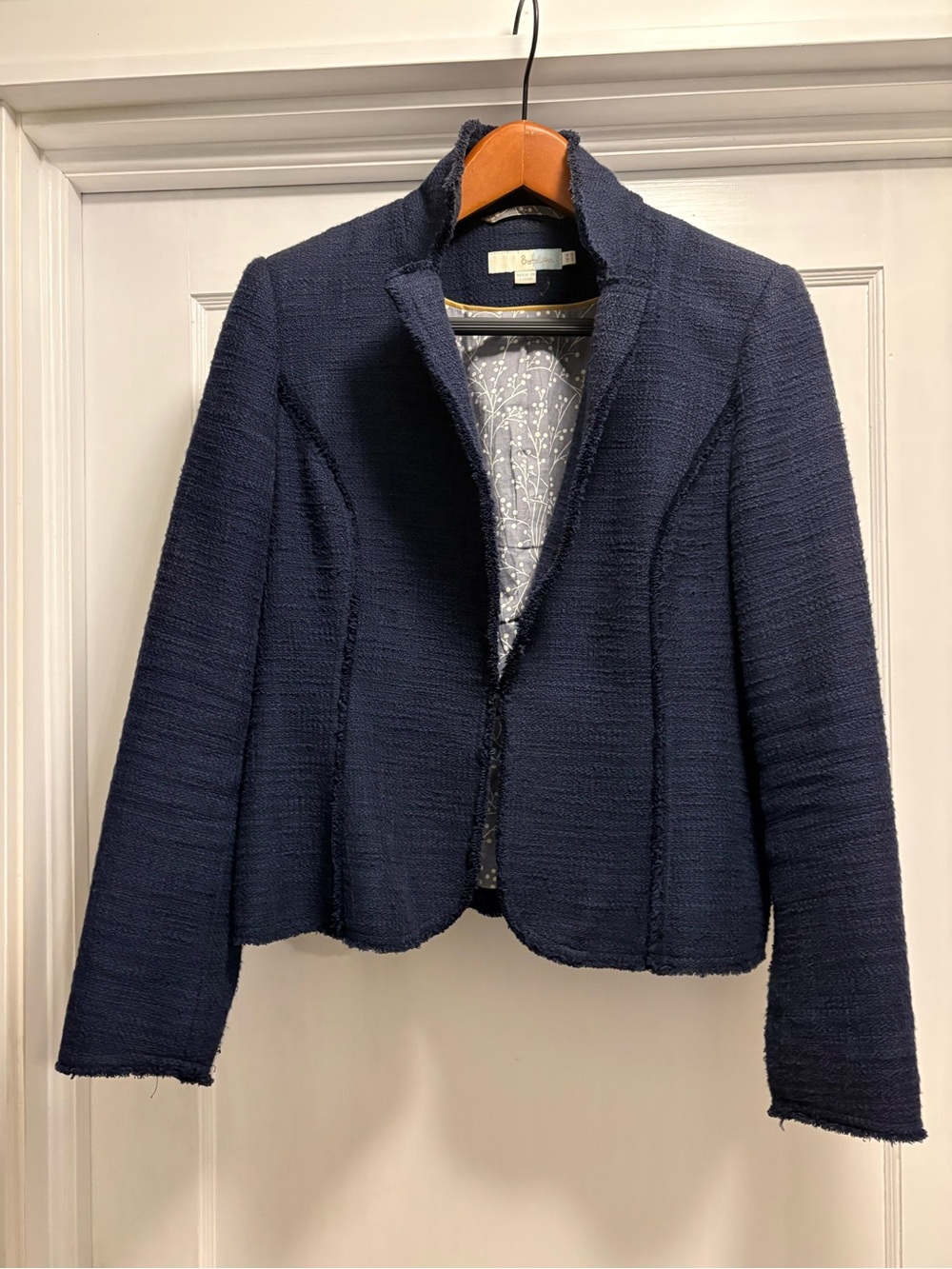 Boden Navy Bouclé Women's Jacket - Tailored Hook and Eye Closure